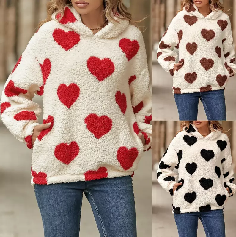 Abrigo holgado y esponjoso para mujer, chaqueta cálida de felpa con estampado de amor, jersey con capucha, moda de invierno, 2023