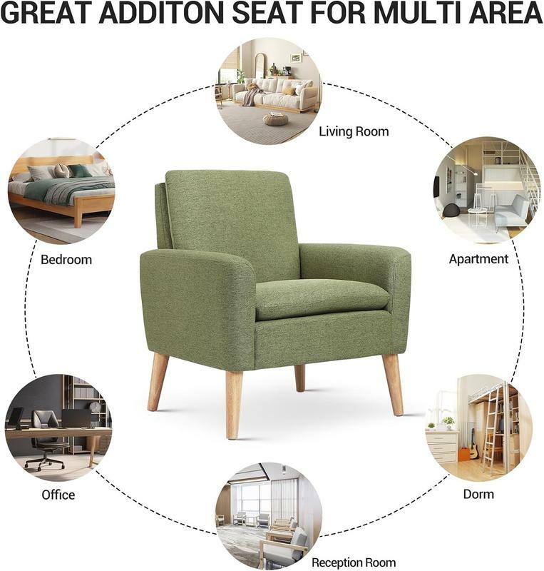 Kursi aksen pertengahan abad, kursi berlengan kain Linen Modern untuk ruang tamu, kursi aksen baca berlapis kain nyaman untuk kamar tidur,