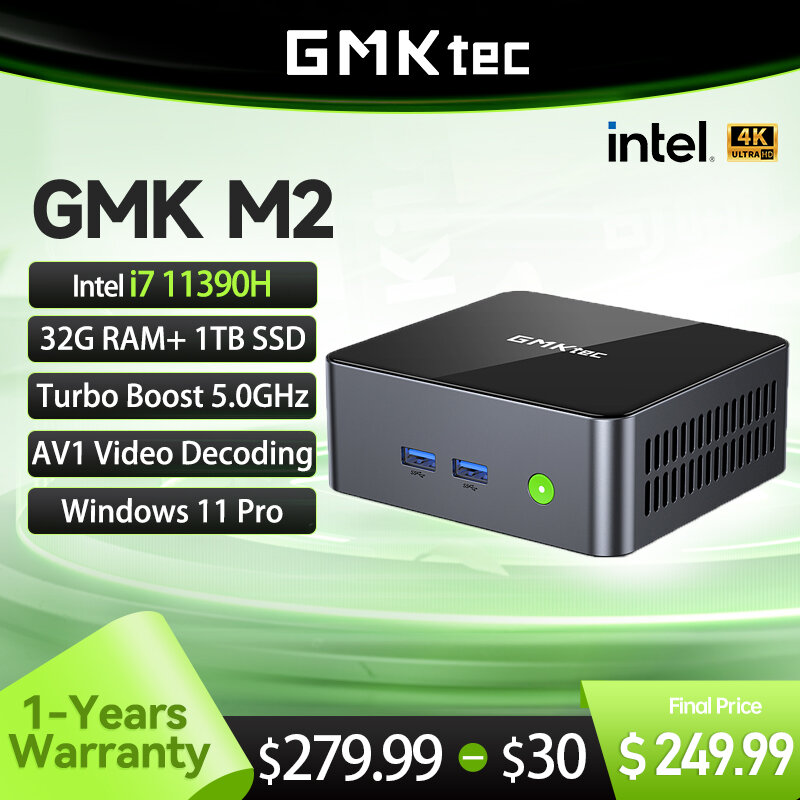 GMKtec GMK M2 Pc Mini Intel i7 11390H NUCBOX DDR4 NVME SSD Windows 11 Pro 16GB/32GB 512GB/1TB WiFi6 BT5.2 Pc komputer Gaming