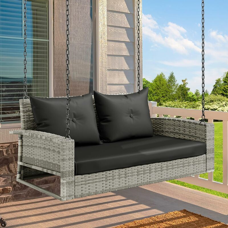Wicker Hanging Porch Swing Chair Outdoor Black Rattan Patio Swing Lounge w/ 2 Back Cushions Capacity 530lbs for Balcony