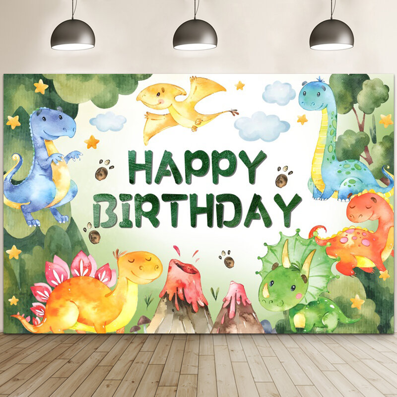 Telón de fondo de dinosaurio para fiesta de cumpleaños de niños, cartel de tema Jurásico de dinosaurio, jungla