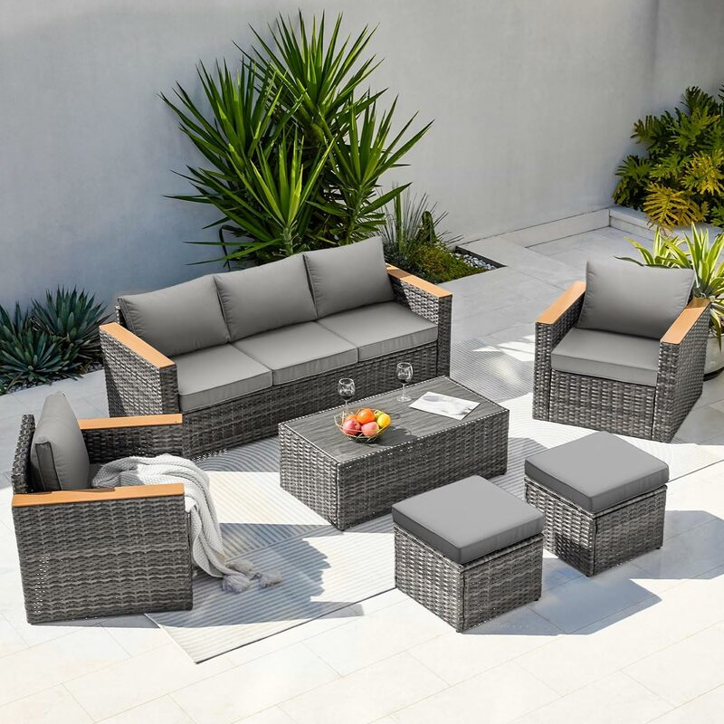 Exclusive Quick Install Patio Furniture Set w/Ottoman,Durable Wicker Outdoor Couch Patio Sectional Sofa Conversation Sets