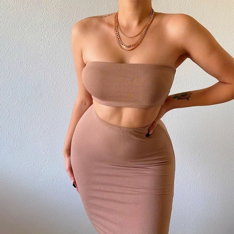Women's New Summer Bra Top Slim Fit Skirt Set for Women - Solid Color Sexy Sleeveless Sundress