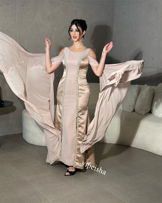 Платье для выпускного вечера Саудовская Аравия атласное Многоярусное пляжное платье Русалка с круглым вырезом на заказ вечерние Платья Миди