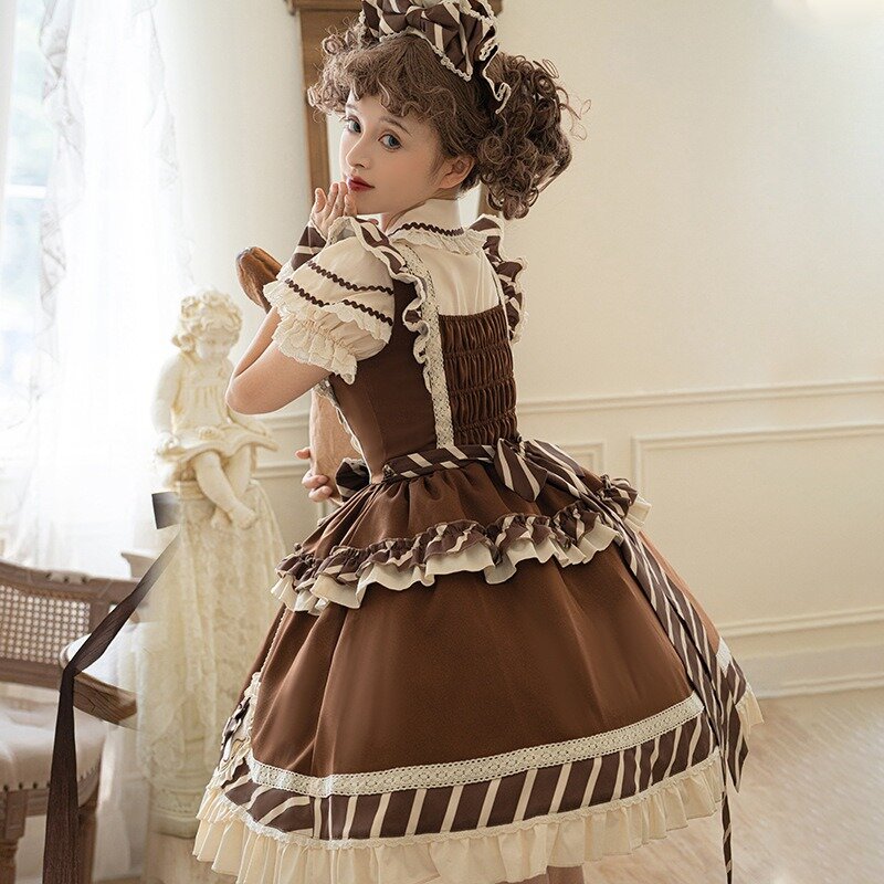 French Sweet Chocolate Lolita Jsk Sling Dress Women Sweet Lace Ruffles Victorian Gothic Bow Princess Dress