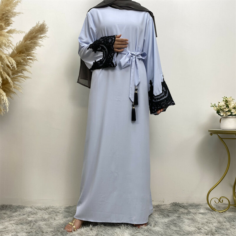 Islamski Turcja Dubaj Abayas Koronkowa sukienka wieczorowa z długim rękawem dla kobiet Muzułmańska moda Jalabiya Szaty Casual Maxi Dress Femme