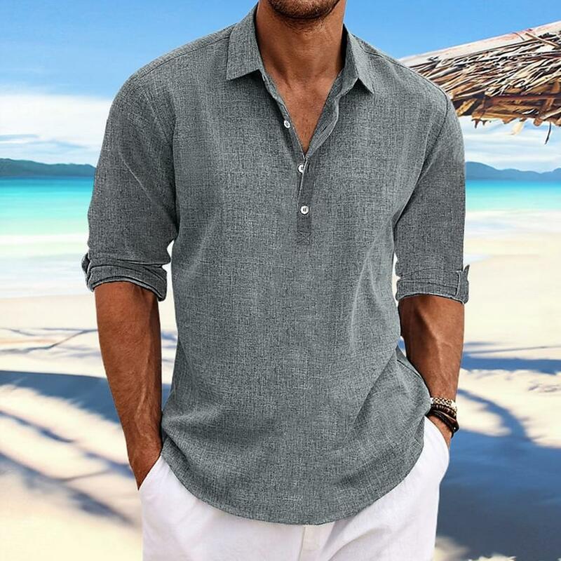 Camisa de manga longa masculina, ajuste solto, manga curta, gola virada para baixo, tecido macio e respirável, cor sólida, verão
