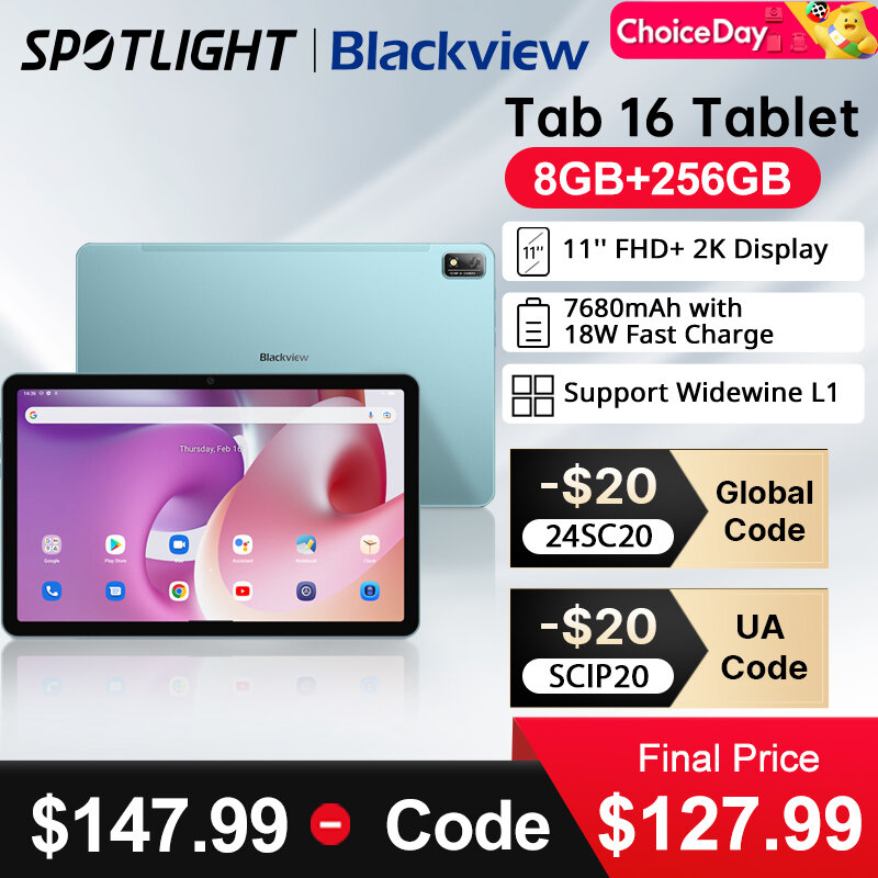 Blackview-Tablette Android Tab 16, 8 Go + 256 Go, écran 11 "2K, caméra 13MP, mode PC, Widevine L1, Unisoc T616 Octa Core, première mondiale