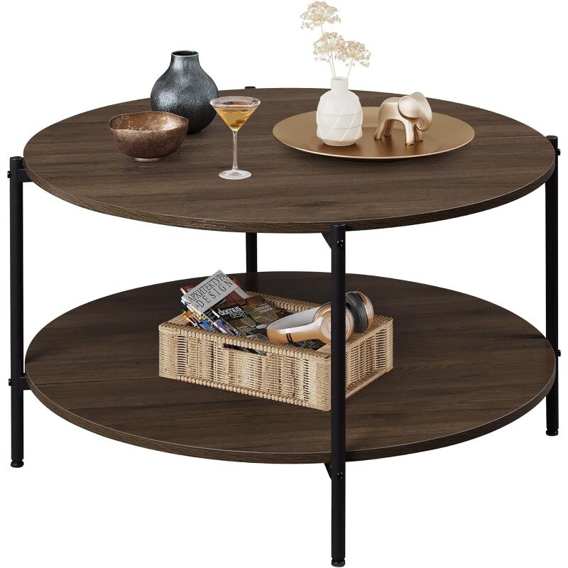 Meja kopi bulat, meja ruang tamu dengan rak penyimpanan 2 tingkat, meja kopi Modern kayu 32 inci dengan bingkai logam dan Desktop kayu