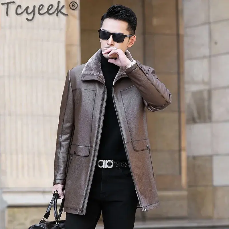Tcyeek-Jaqueta de couro genuíno masculina casual de negócios casacos reais de lã quente engrossa, roupas de inverno, sobretudo