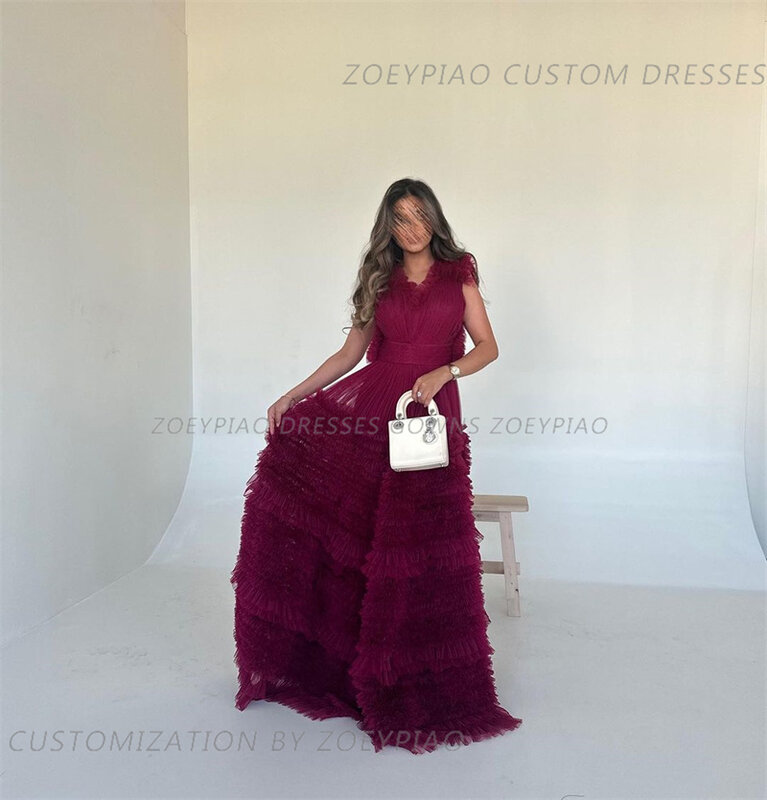 Gaun malam Tule berjenjang ungu khusus gaun malam tanpa lengan Arab Saudi A-Line lipit gaun pesta Arab Saudi 2024