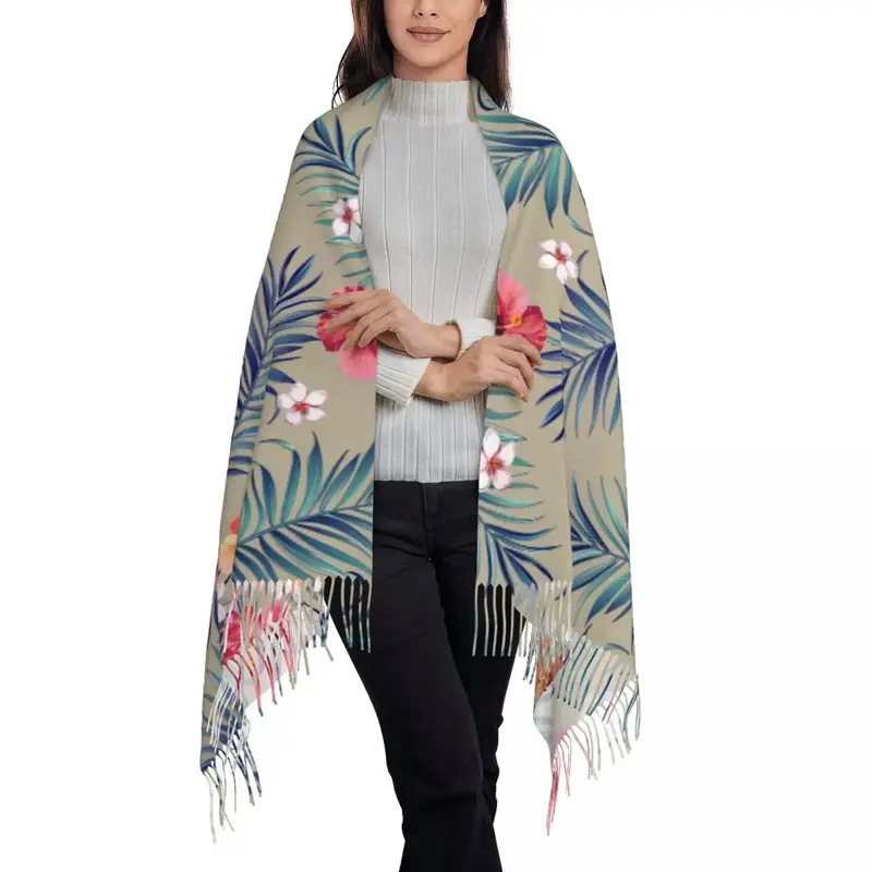 Seamless Trotical Pattern Palm Leaves Hibiscus Flowers Womens Warm Winter Infinity Scarves Set Blanket Scarf Pure Color