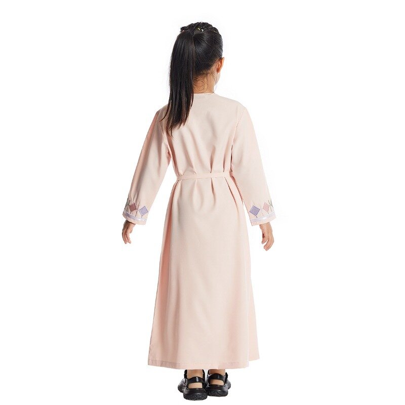女の子の刺繍ドレス,ベルト付き,Vネック,長袖,イスラム教徒,ジッパー付き