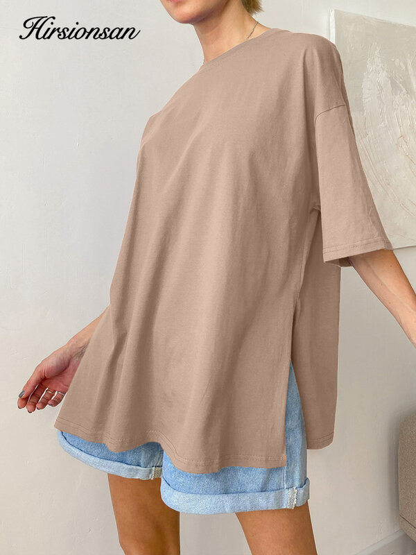 Hirsionsan 여성용 오버사이즈 코튼 티셔츠, 루즈한 단색 스플릿 티, 캐주얼 기본 티셔츠, 반팔, 여성 상의, 2023 여름 신상