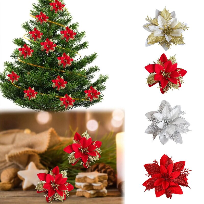 Рождественское украшение, золотой, серебряный и красный трехслойный искусственный цветок, подвесное украшение для рождественской елки, реквизит для съемки