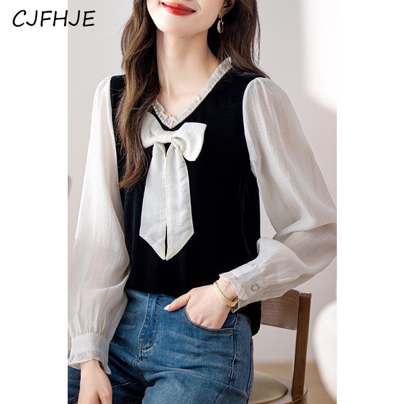 CJFHJE-Jersey de terciopelo francés para mujer, camisa de gasa con lazo de Color de contraste, manga larga, cuello en V, Top versátil