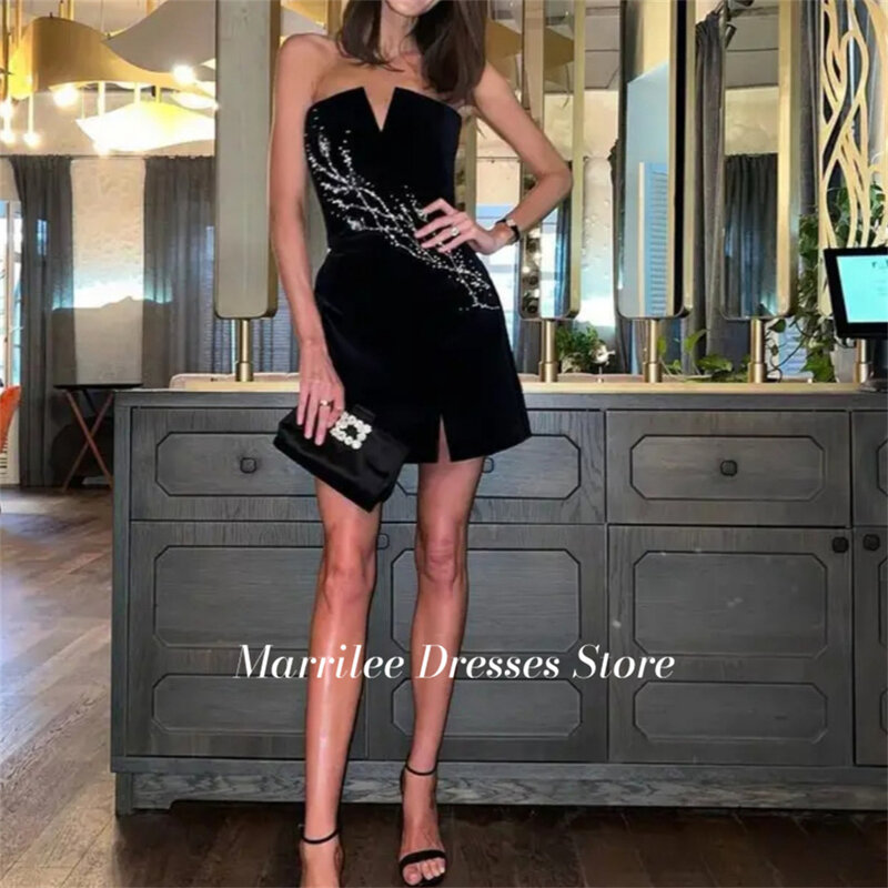 Marrilee Black V-Neck Short Mini Sequins Evening Gown A-Line Sleeveless Strapless Above Knee Length Sexy Party Prom Dresses 2024