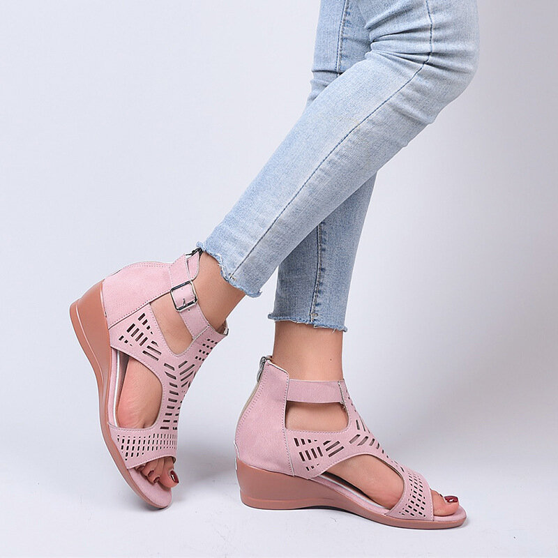 Summer Women's Wedges Sandals Hollow Ladies High Heels Fashion Solid Color Buckle Strap Female Sandalias Platform Roman Sandals