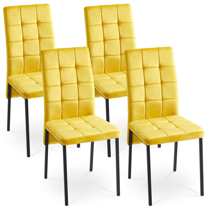 Set mit 4 modernen nordischen Esszimmers tühlen aus gelbem Samt mit hoher Rückenlehne und schlanken schwarzen Beinen