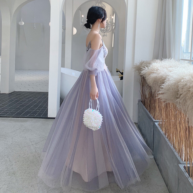 New Purple Bridesmaid Party Dresses Sister Group Long Sleeve Elegant Tulle A-line Dress Prom Gown Formal Evening Vestidos