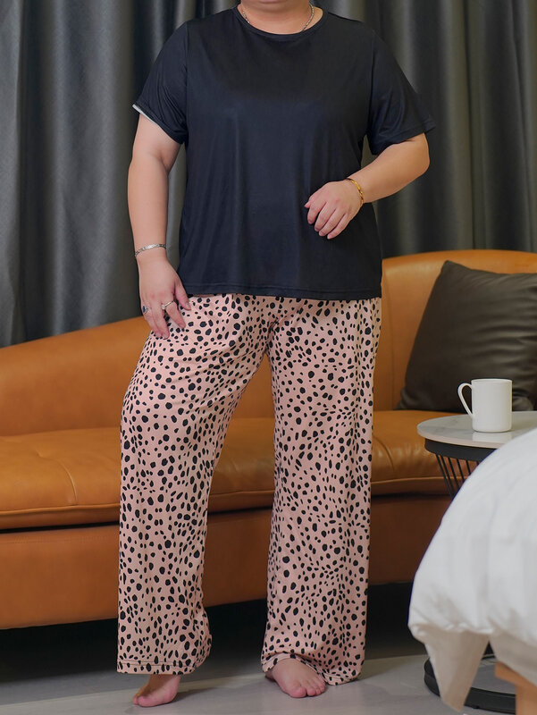 Home clothing large size pajama set plus size short sleeved long pants set can be worn with milk silk material