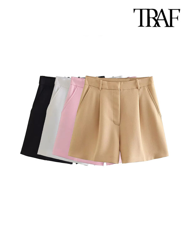 TRAF-Bermudas de cintura alta para mulheres, bolsos laterais, dardos dianteiros, vintage, com zíper, calças curtas femininas, moda
