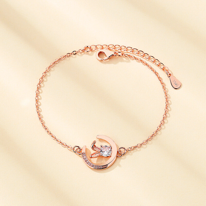 Изысканный браслет из розового золота с цирконием и Луной кролика для девочек, подарок на Новый год, модный браслет из стерлингового серебр...