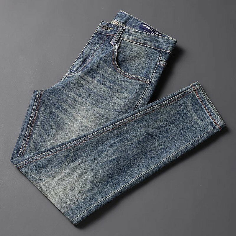Celana Jeans pria mode desainer baru celana Denim kasual pria pas badan ketat melar biru Retro kualitas tinggi celana Denim Hombre