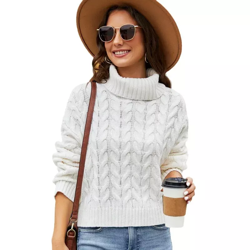 Thick Fried Dough Twists High neck Sweater Solid casual sweater Women's short loose pullover sweater
