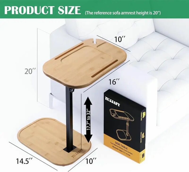 Mesa auxiliar en forma de C de bambú para brazo de sofá, mesa auxiliar pequeña para sofá con altura ajustable para espacios pequeños, mesa giratoria para bandeja de TV