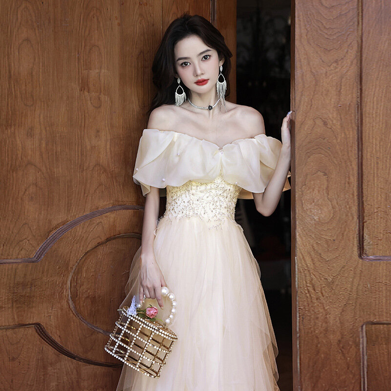 Gaun pesta Prom wanita, Dress Off The Shoulder tanpa lengan renda rok berjenjang elegan untuk perempuan
