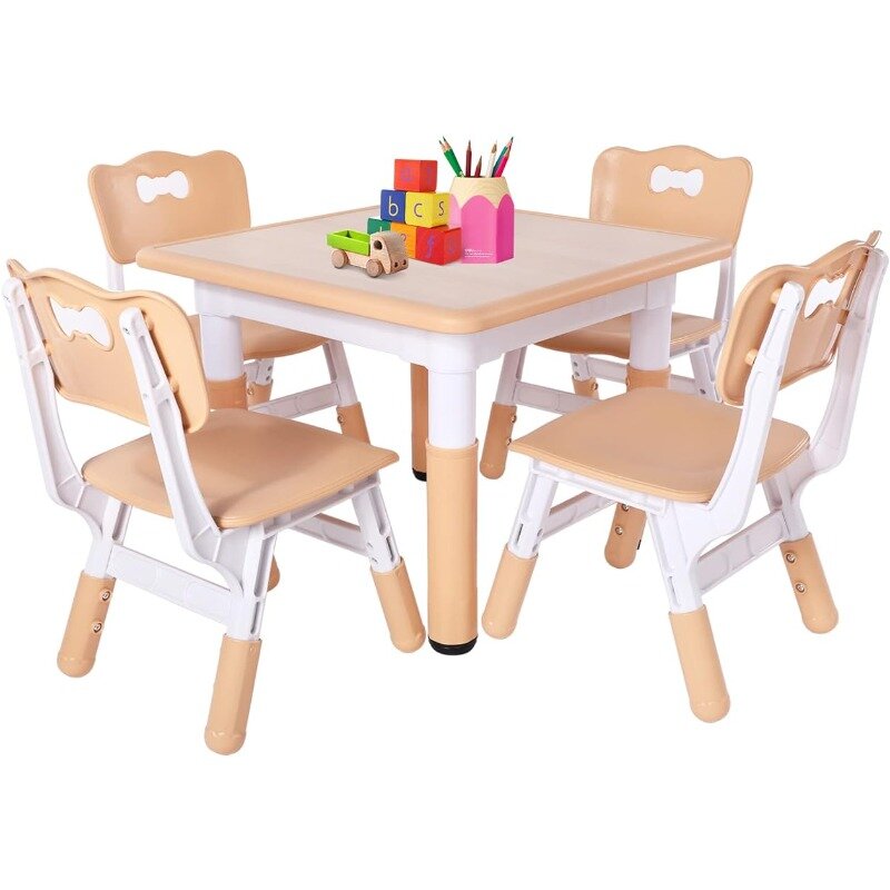 FUNLIO Kids Table and 4 Chairs Set, Height Adjustable Toddler Table and Chair Set for Ages 3-8, Easy to Wipe Arts & Crafts Table