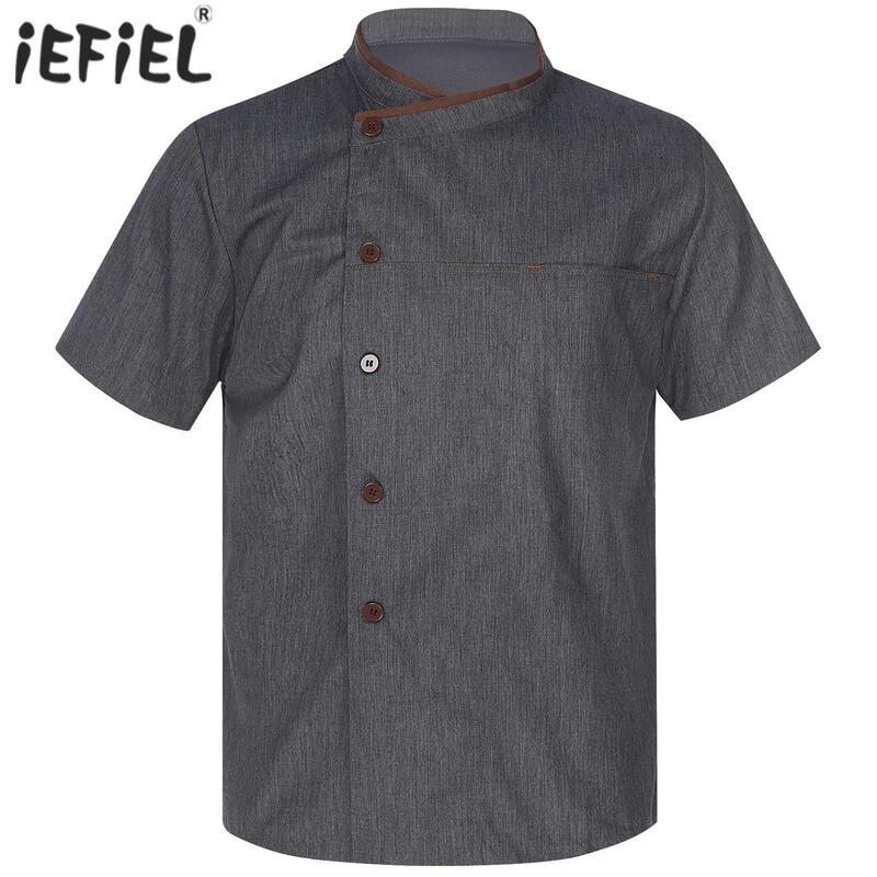 Mens Chef Shirt Work Uniform Short Sleeve Chef Jacket Cross-Over Collar Button Tops Restaurant Hotel Kitchen Cafe Cooking Tops