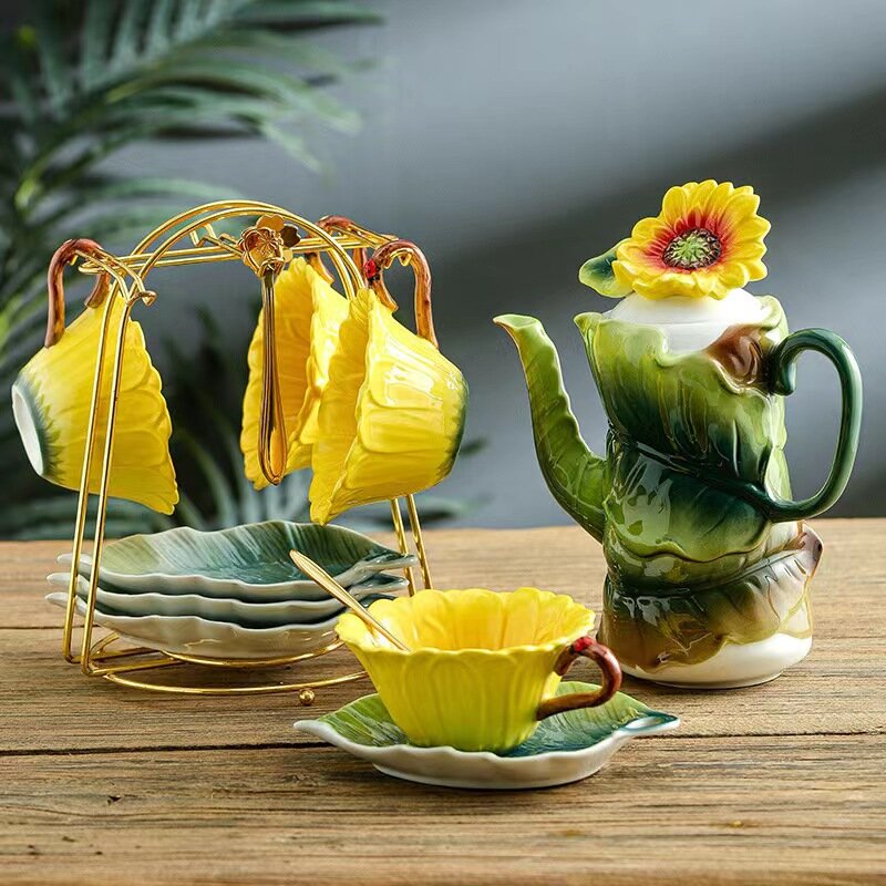 Tasse à café en émail de fleurs de style pastChevélégant, tasse à thé et café en céramique en forme de tournesol pour l'après-midi