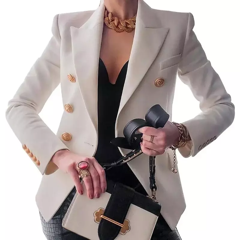 Jaket Blazer Formal wanita, jaket Blazer kasual warna polos dua baris, Blazer mantel ramping musim gugur 2021