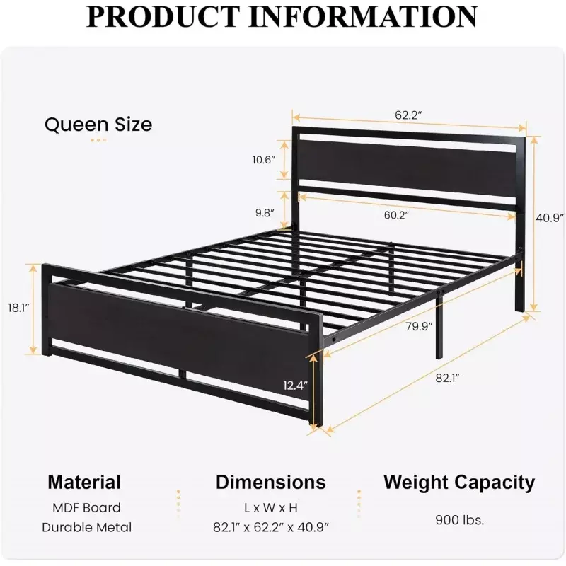 SHA CERLIN rangka tempat tidur ukuran Queen dengan papan kepala kayu Modern/Platform tugas berat papan kaki persegi logam & am