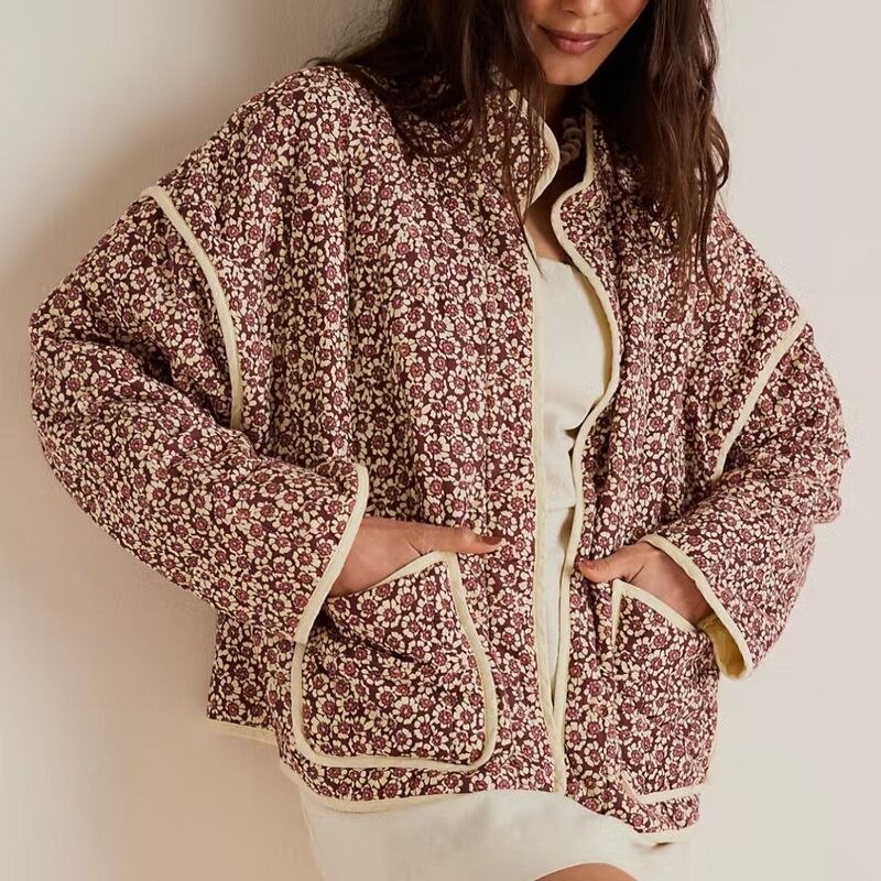 Chaqueta de mujer 여성용 겨울 재킷, 가을 꽃 프린트 얇은 포켓 장식 가디건, 코튼 코트, 여성 상의