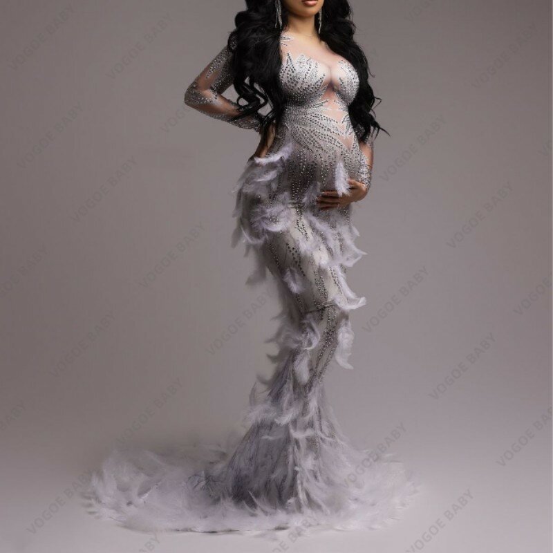 Sexy Maternity Dress Rhinestone Tulle Patchwork Dress Mesh Feather Dress Baby Shower Dress Maternity Photography Clothing