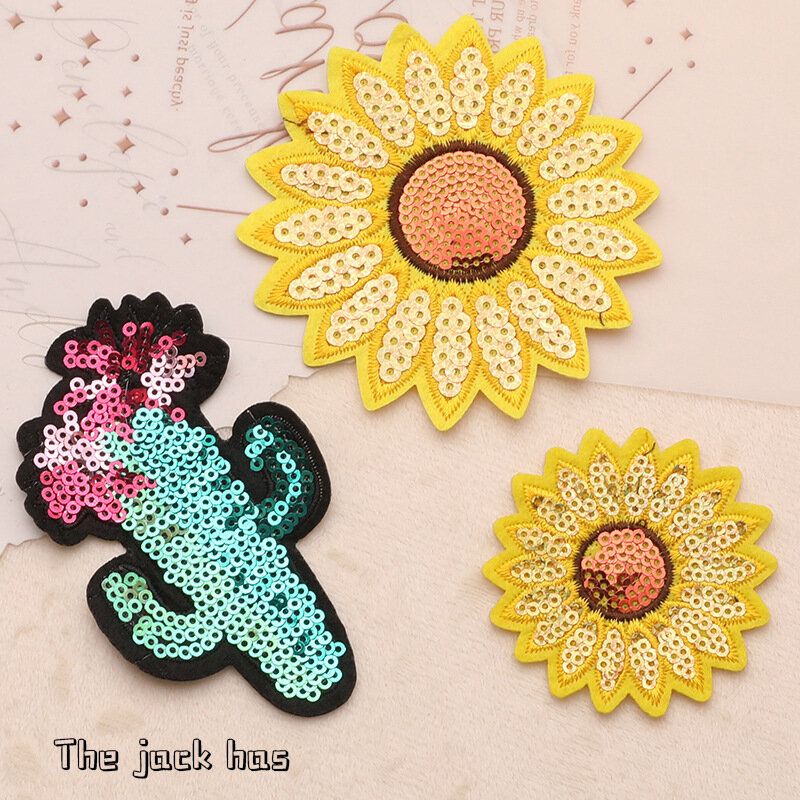 2024 New Embroidery Patches DIY Sequins Sunflower Cactus Iron On Stickers Badges Headwear Emblem Clothing Bag Fabric Accessories