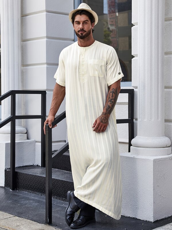 Ramadan Stylish Men's Muslim Robe Shirt With Vertical Stripes And Pocket - Islam Abaya Perfect For Casual And Formal Occasions
