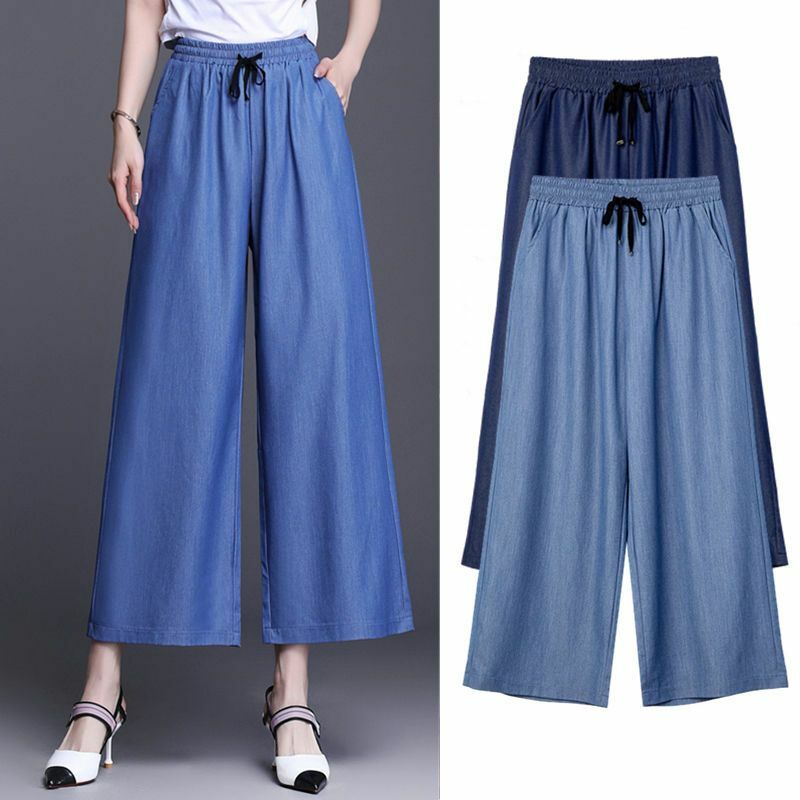 Women's 2024 Summer New Solid Color Elastic High Waist Drawstring Ruched Pockets All-match Trendy Straight Casual Wide Leg Pants