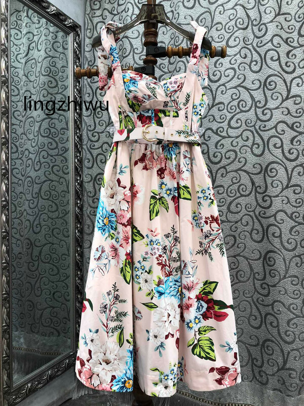 Lingzhiwu-vestido estampado para mulheres, cinto vintage, sem alças, praia, nova chegada, primavera e verão, 2024