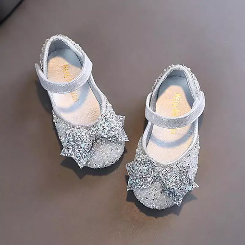 Zapatos de cuero con lentejuelas para niños y niñas, zapatillas de princesa con diamantes de imitación y lazo, zapatos planos de fondo suave con perlas, primavera 2024, H533