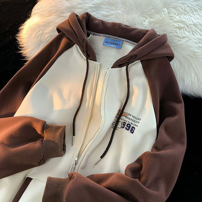 2022แฟชั่น Oversize คู่ Vintage Plush Hooded ซิปเสื้อกันหนาวไหมพรมผู้หญิงในฤดูใบไม้ร่วงและฤดูหนาวแจ็คเก็ต
