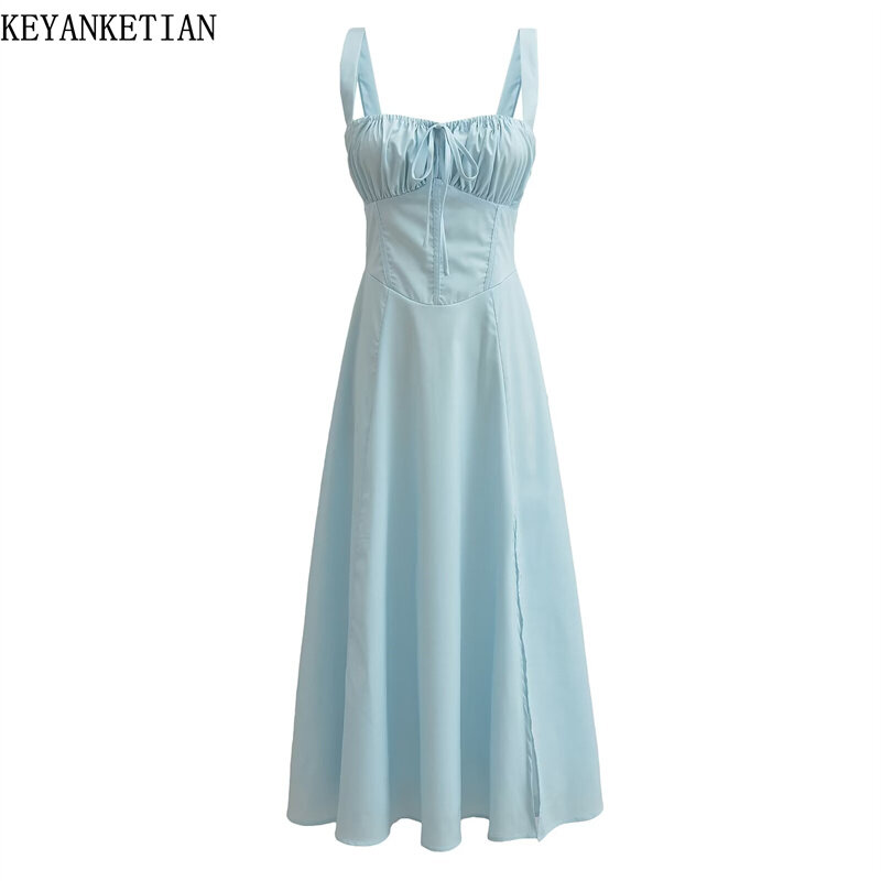 Keyanketian-Vestido feminino com alças cruzadas, vestido de deslizamento, azul celeste fino, vestido com renda na gola, novo lançamento, 2022