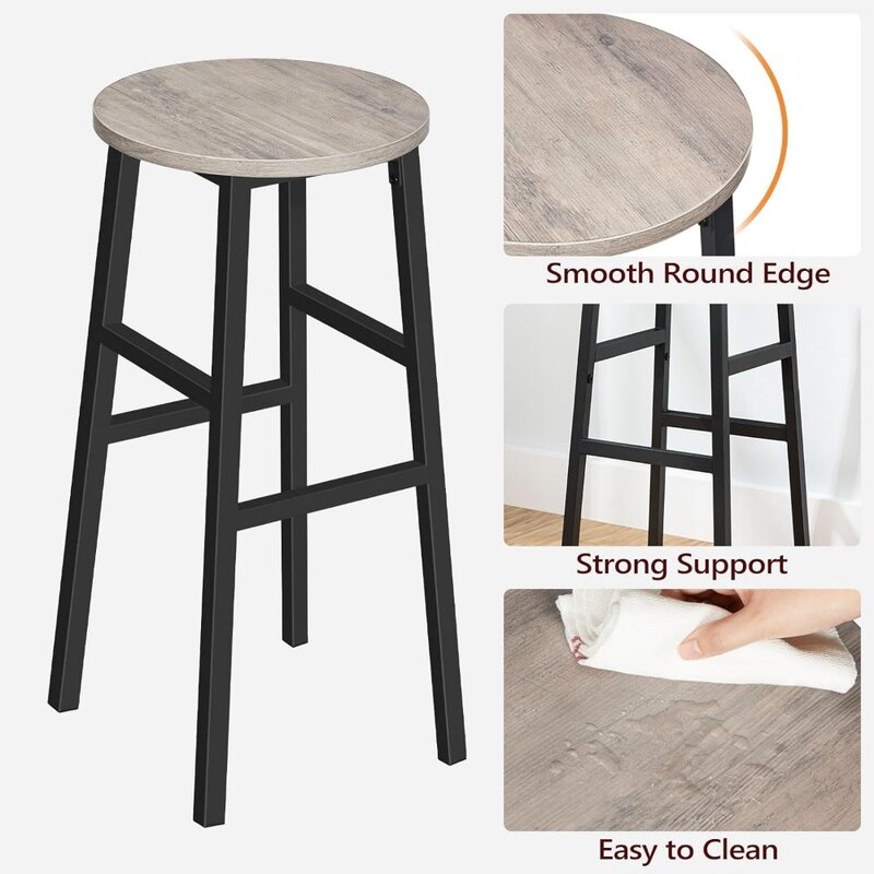 Bar Stools, Set of 2 Round Bar Chairs with Footrest, 28 Inch Kitchen Breakfast Stools, Industrial Bar Stools, Easy Assembly