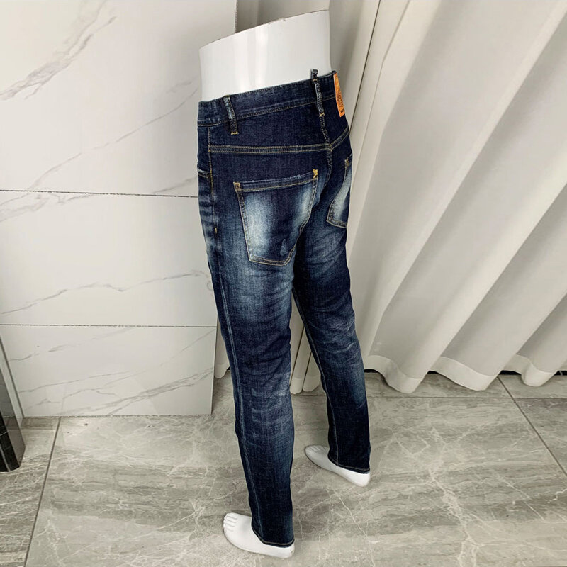 Pantalones vaqueros rasgados elásticos para hombre, Jeans de diseñador de moda, alta calidad, azul Retro, ajuste Delgado, estilo italiano, Vintage, marca