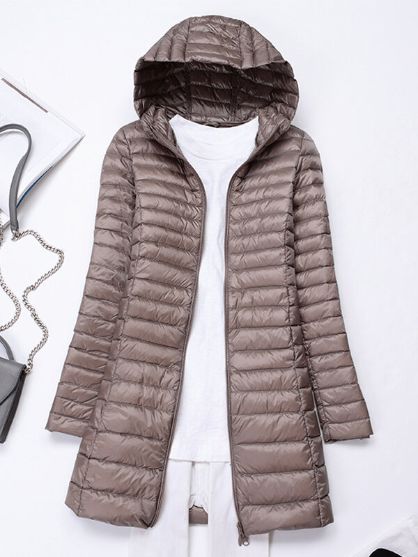 Koreański styl damskie kurtki ultralekkie doły 2023 nowe jesienne zimowe z kapturem wąskie płaszcze z piór damskie puchowe parki damskie płaszcz