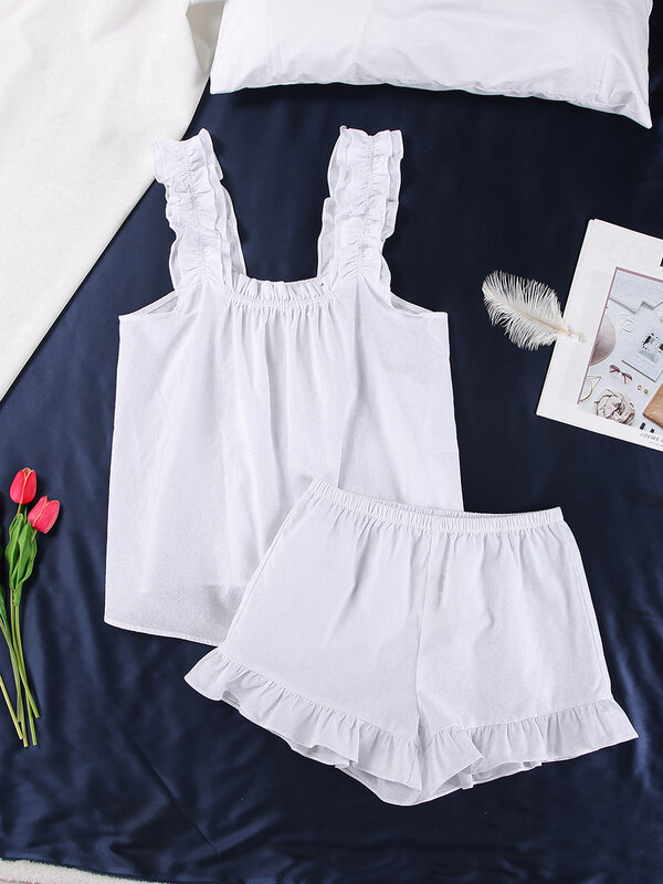 Linad-Conjunto de Pijama con volantes blancos para mujer, ropa de dormir con cuello cuadrado, 100% algodón, sin mangas, holgada, 2 piezas