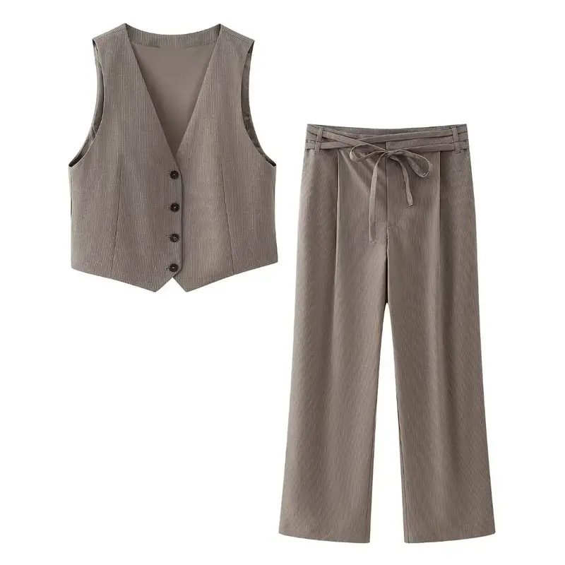 Women 2024 New Fashion Thread decoration Cropped Slim Pinstripe Suit Vest Vintage V Neck Button-up Female Waistcoat Chic Tops